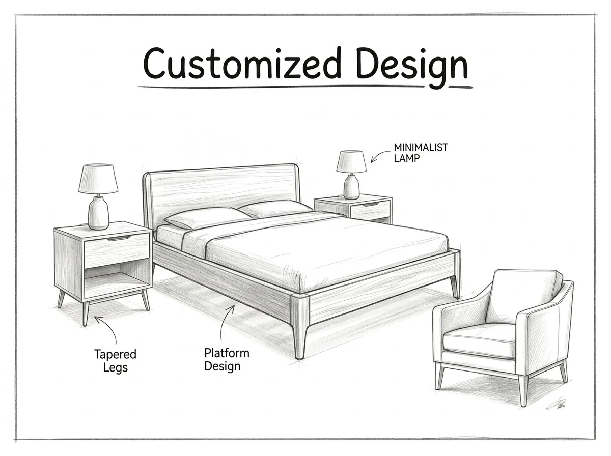 Pencil sketch of a customised bedroom design with a platform bed, bedside tables with lamps and an armchair
